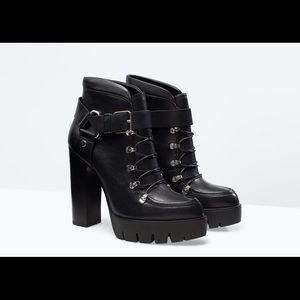 Zara black heeled booties with lace up buckle detail genuine leather size 7